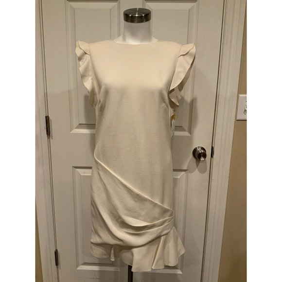 Emilio Pucci Cream Wool Blend Shift Dress W/ Ruffles, Size 12 (US) 46 (IT)